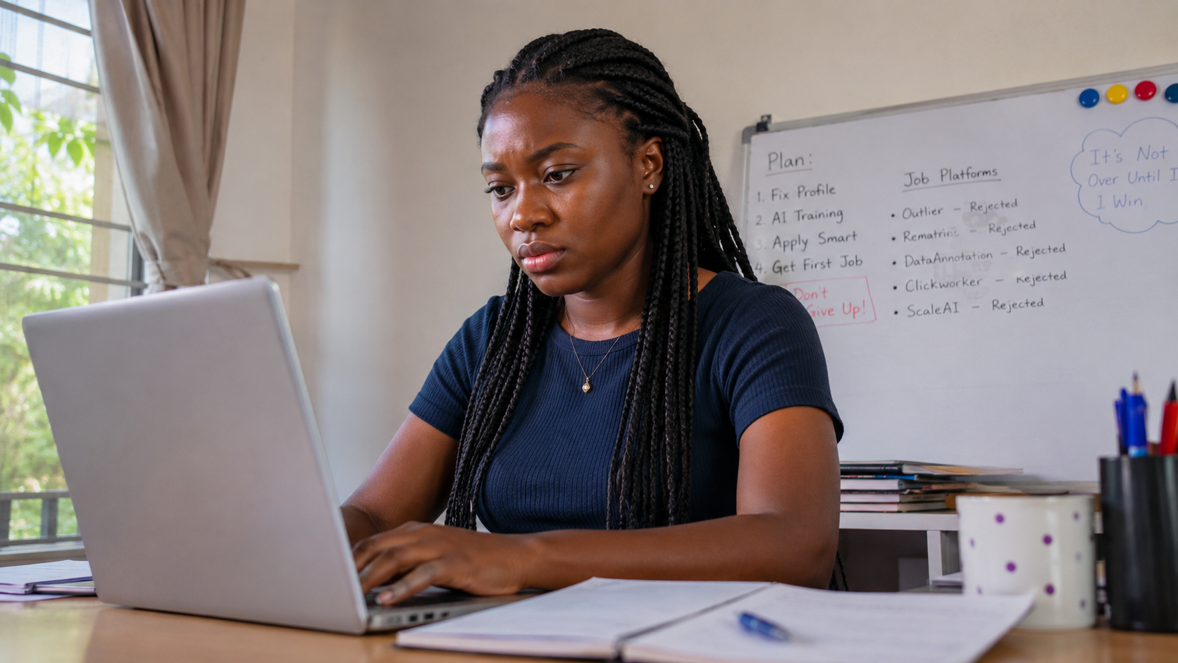 Young Nigerian graduate working on her laptop at a home workspace, whiteboard behind her listing rejected job platforms